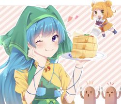 Rule 34 | 2girls, ;p, apron, arm strap, armor, armored dress, blonde hair, blue hair, boots, bow, breasts, chibi, closed mouth, commentary request, double bun, dress, food, fork, green apron, green bow, green headwear, hair bun, hair ribbon, hand on own face, haniwa (statue), haniyasushin keiki, head scarf, heart, highres, holding, holding fork, holding knife, honey, honeypot, jewelry, joutouguu mayumi, knife, long hair, looking at viewer, magatama, magatama necklace, medium breasts, milll 77, multiple girls, necklace, one eye closed, open mouth, pancake, pancake stack, purple eyes, ribbon, short hair, single strap, tongue, tongue out, touhou, turtleneck, upper body, vambraces, very long hair, white ribbon, yellow dress, yellow eyes