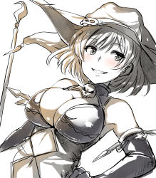 Rule 34 | 1girl, alicia asher, bad id, bad pixiv id, belko, breasts, cleavage, elbow gloves, gloves, hand on own hip, hat, kanpani girls, large breasts, looking to the side, monochrome, navel, skull, smile, solo, staff, wind, witch hat