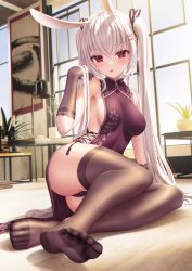 Rule 34 | 1girl, :p, animal ears, ass, bae.c, bare shoulders, black ribbon, blush, breasts, brown gloves, brown thighhighs, dress, feet, floral print, full body, gloves, hair between eyes, hair ribbon, hand up, highres, indoors, lia (bae.c), long hair, looking at viewer, medium breasts, nail polish, no shoes, original, plant, potted plant, print dress, rabbit ears, red dress, red eyes, red nails, ribbon, sideboob, sleeveless, sleeveless dress, solo, sweat, thighhighs, toenail polish, toenails, tongue, tongue out, twintails, very long hair, white hair