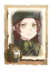 Rule 34 | 1girl, beret, british army, brown hair, closed mouth, company of heroes, green hat, hair between eyes, hat, military, military hat, military uniform, original, portrait, scarf, solo, uniform, v-shaped eyebrows, world war ii, yellow eyes, zhainan s-jun