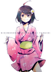 Rule 34 | 10s, 1girl, araragi tsukihi, black eyes, black hair, japanese clothes, kimono, monogatari (series), nisemonogatari, que4, short hair, solo