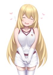 Rule 34 | 1girl, :d, ^ ^, bare shoulders, blonde hair, breasts, closed eyes, collarbone, commentary, cowboy shot, facing viewer, gloves, gym shorts, gym uniform, heart, highres, kyounami, large breasts, long hair, open mouth, shokuhou misaki, shorts, simple background, smile, solo, thighhighs, toaru kagaku no railgun, toaru majutsu no index, translated, v arms, very long hair, white background, white gloves, white thighhighs