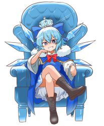 Rule 34 | 1girl, adapted costume, blue bow, blue capelet, blue eyes, blue hair, bow, bowtie, capelet, chair, cirno, commentary request, crossed legs, crown, detached wings, full body, fur trim, hair bow, ice, ice wings, king (vocaloid), looking at viewer, mizusoba, red bow, red bowtie, short hair, sitting, touhou, wings