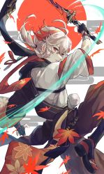 Rule 34 | 1boy, antenna hair, bandaged arm, bandages, black gloves, crossed bangs, fingerless gloves, genshin impact, gloves, grey hair, hair between eyes, highres, holding, holding sword, holding weapon, japanese clothes, kaedehara kazuha, leaf, leaf print, leg up, looking at viewer, male focus, multicolored hair, ponytail, red eyes, red hair, shiraishi (siraisi00), simple background, solo, streaked hair, sword, vision (genshin impact), weapon