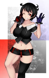 Rule 34 | 1girl, ;), alternate costume, aoshima, asymmetrical gloves, bare shoulders, black hair, black shirt, black shorts, black thighhighs, blue gloves, breasts, commentary request, crop top, feet out of frame, frilled sleeves, frills, gloves, grey background, grin, groin, hands up, highres, houjuu nue, large breasts, long hair, looking at viewer, midriff, mismatched gloves, multicolored background, navel, no wings, off-shoulder shirt, off shoulder, one eye closed, purple background, red background, red eyes, red gloves, shirt, short shorts, short sleeves, shorts, single thighhigh, smile, solo, standing, stomach, thighhighs, thighs, touhou, white background