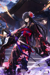 Rule 34 | 1girl, age of ishtaria, black hair, blue eyes, bow, closed mouth, cloud, cloudy sky, copyright notice, cowboy shot, floral print, flower, hair between eyes, hair flower, hair ornament, hat, holding, holding sword, holding weapon, japanese clothes, katana, kimono, light smile, long hair, long sleeves, obi, outdoors, petals, red bow, red ribbon, ribbon, sash, scabbard, sheath, sky, sleeves past wrists, solo, stairs, standing, sword, temple, unsheathing, very long hair, wanke, weapon, wide sleeves