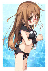 Rule 34 | 1girl, adapted costume, ass, bikini, black serafuku, blush, breasts, brown hair, collarbone, commentary request, cowboy shot, crescent, crescent pin, from side, glasses, highres, kantai collection, long hair, looking at viewer, mochizuki (kancolle), neckerchief, open mouth, red-framed eyewear, sailor collar, salamander (hop-step), school uniform, semi-rimless eyewear, serafuku, side-tie bikini bottom, small breasts, solo, standing, swimsuit, thighs, under-rim eyewear, water, white neckerchief, wristband