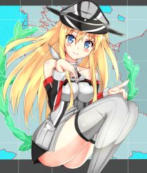 Rule 34 | 10s, 1girl, anchor, bare shoulders, bismarck (kancolle), blonde hair, blue eyes, blush, breasts, detached sleeves, grey thighhighs, hand on own knee, hat, highres, hobii (lebataka08), kantai collection, long hair, looking at viewer, map, military, military uniform, peaked cap, smile, solo, thighhighs, uniform