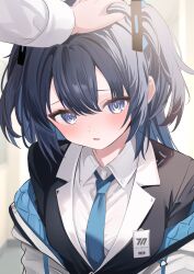 Rule 34 | 1girl, 1other, blue archive, blue eyes, blue necktie, blush, collared shirt, commentary request, highres, id card, long hair, necktie, open mouth, purple hair, shirt, solo focus, touyou (39kir), two side up, upper body, white shirt, yuuka (blue archive)