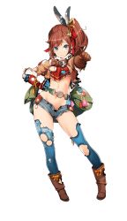 Rule 34 | 1girl, ataruman, bag, blue eyes, boots, brown hair, chaps, clenched hand, cowboy boots, duffel bag, feathers, formation girls, frown, full body, gloves, goggles, hand on own hip, highres, kobayakawa karin, long hair, looking at viewer, midriff, navel, official art, short shorts, shorts, side ponytail, solo, torn clothes, transparent background, unbuttoned