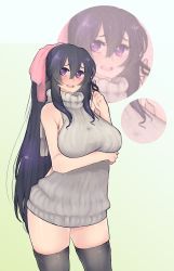 Rule 34 | 1girl, bare arms, bare shoulders, black hair, black thighhighs, blush, bow, breast hold, breasts, contrapposto, cowboy shot, green background, grey sweater, hair between eyes, hair bow, twirling hair, halterneck, hand up, highres, large breasts, long hair, looking at viewer, melonenbrot, meme attire, noihara himari, omamori himari, open mouth, pink bow, ponytail, purple eyes, ribbed sweater, round teeth, shiny skin, sidelocks, smile, solo, standing, sweater, teeth, thighhighs, turtleneck, turtleneck sweater, very long hair, virgin killer sweater