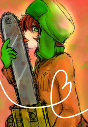 Rule 34 | 1boy, chainsaw, earflap hat, gloves, green eyes, hat, heart, kyle broflovski, looking at viewer, male focus, red hair, solo, south park, yandere