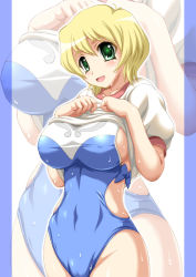 Rule 34 | 00s, 1girl, blonde hair, blouse, blue one-piece swimsuit, blush, breast suppress, breasts, cameltoe, casual one-piece swimsuit, clothes lift, covered erect nipples, erstin ho, green eyes, large breasts, my-otome, navel, one-piece swimsuit, shirt, shirt lift, shiruko, short hair, smile, solo, swimsuit, swimsuit under clothes, wet, white shirt, zoom layer
