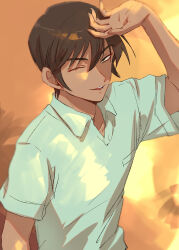 Rule 34 | 1boy, arm up, blurry, blurry background, brown hair, check commentary, commentary request, dark-skinned male, dark skin, hair between eyes, highres, meitantei conan, one eye closed, open mouth, outdoors, rishi ramanathan, shiroabe, shirt, short sleeves, solo, upper body, yellow background