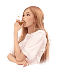 Rule 34 | 1girl, blackpink, blonde hair, brown eyes, cropped torso, eating, hair behind ear, heart, jewelry, k-pop, lips, long hair, profile, real life, ring, rose (blackpink), solo, umigraphics, upper body, white background