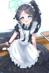 Rule 34 | 1girl, :d, @ @, absurdly long hair, absurdres, apron, aqua ribbon, aris (blue archive), aris (maid) (blue archive), arm support, black dress, black footwear, black hair, blue archive, blue eyes, bright pupils, broom, collared shirt, dot nose, dress, frilled apron, frills, hair intakes, highres, holding, holding broom, light blush, long hair, looking at viewer, maid, maid apron, maid headdress, mary janes, mayou940114, neck ribbon, on floor, open mouth, parted bangs, ponytail, puffy short sleeves, puffy sleeves, raised eyebrows, ribbon, shirt, shoes, short sleeves, sidelocks, single wrist cuff, sitting, smile, socks, tareme, teeth, upper teeth only, very long hair, wariza, white apron, white pupils, white shirt, white socks, wooden floor, wrist cuffs