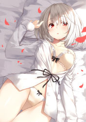 Rule 34 | 1girl, absurdres, bed sheet, bra, breasts, buttons, collarbone, crotch seam, hair between eyes, hand up, highres, leyte, long sleeves, looking at viewer, lying, medium breasts, no pants, on back, original, panties, parted lips, petals, pillow, red eyes, shirt, short hair, silver hair, solo, underwear, white bra, white panties, white shirt