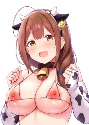 Rule 34 | 1girl, ahoge, animal ears, bare shoulders, bell, blush, braid, braided ponytail, breasts, brown eyes, brown hair, cai geng, cleavage, collar, collarbone, cow ears, cow horns, cowbell, hair over shoulder, hairband, highres, horns, idolmaster, idolmaster shiny colors, kuwayama chiyuki, large breasts, long braid, long hair, looking at viewer, neck bell, nipples, open mouth, simple background, smile, white background