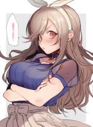Rule 34 | 1girl, arms under breasts, beige skirt, blue shirt, blush, bow, breasts, brown eyes, brown hair, choker, collar, collarbone, crossed arms, dotsuco, hair bow, idolmaster, idolmaster shiny colors, large breasts, long hair, looking at viewer, open mouth, ponytail, shirt, skirt, solo, tsukioka kogane