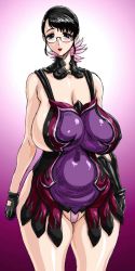 Rule 34 | 1girl, apron, black hair, blush, breasts, cattleya (queen&#039;s blade), cleavage, curvy, female focus, flower, glasses, gloves, gradient background, hair ornament, hands on own hips, hip focus, housewife, huge breasts, lipstick, long image, makeup, mature female, panties, queen&#039;s blade, sagging breasts, short hair, sideboob, solo, standing, suspenders, tall image, thighs, underwear, wide hips