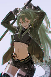Rule 34 | 1girl, antenna hair, arknights, arms up, black bag, black shorts, breasts, cowboy shot, crocodilian tail, fang, gavial (arknights), gloves, green hair, grey background, hair between eyes, highres, jacket, leather, leather jacket, long hair, looking at viewer, material growth, midriff, navel, open mouth, oripathy lesion (arknights), pointy ears, pouch, roncele, shorts, simple background, small breasts, smile, solo, tail, thigh pouch, thigh strap, v-shaped eyebrows, very long hair, yellow eyes