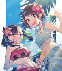 Rule 34 | 2girls, bikini, black hair, blue sky, bracelet, breasts, brown eyes, brown hair, cloud, commentary request, creatures (company), flower, funagumo, game freak, gloria (pokemon), gloria (summer 2021) (pokemon), green eyes, green ribbon, hair flower, hair ornament, hair ribbon, hand on another&#039;s arm, highres, jewelry, marnie (pokemon), marnie (summer 2021) (pokemon), medium hair, multiple girls, nail polish, navel, necklace, nintendo, official alternate costume, palm tree, pink flower, pink nails, pokemon, pokemon masters ex, ribbon, sarong, scrunchie, short hair, sky, small breasts, swimsuit, tree, twintails, two side up, wrist scrunchie