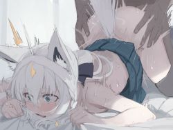 Rule 34 | 1boy, 1girl, animal ear fluff, animal ears, ass grab, bed sheet, blush, dark-skinned male, dark skin, doggystyle, fox ears, fox tail, hair between eyes, hetero, highres, hololive, kujira pasta, long hair, motion lines, open mouth, sex, sex from behind, sheet grab, shirakami fubuki, shirakami fubuki (street), solo focus, sweat, tail, tears, virtual youtuber