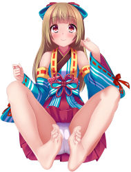 Rule 34 | 1girl, barefoot, blonde hair, blue bow, blunt bangs, blush, bow, detached sleeves, feet, foot focus, hair bow, highres, japanese clothes, long hair, looking at viewer, panties, pantyshot, pleated skirt, pov, red eyes, red skirt, simple background, sitting, skirt, smile, soles, solo, spread legs, toenails, toes, underwear, white background, white panties