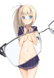Rule 34 | 1girl, bad id, bad pixiv id, blonde hair, blue eyes, breasts, covering privates, covering breasts, groin, konchi, long hair, navel, nude, original, school uniform, side ponytail, skirt, solo, voyeurism, x-ray, x-ray glasses, x-ray vision