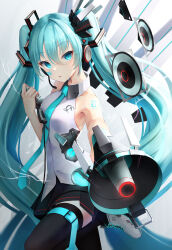 Rule 34 | 1girl, 39, absurdres, barcode, barcode tattoo, blue eyes, blue hair, blush, cable, collared shirt, facial mark, hair ornament, hatsune miku, headphones, headset, highres, holding, holding megaphone, holding microphone, long hair, megaphone, microphone, microphone cord, necktie, parted lips, pleated skirt, shin insh, shirt, shoes, skirt, sleeveless, sleeveless shirt, sneakers, solo, standing, standing on one leg, tattoo, thighhighs, twintails, very long hair, vocaloid