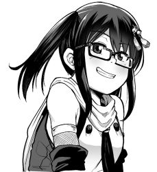 Rule 34 | 1girl, bespectacled, detached sleeves, glasses, greyscale, grin, hair ornament, kaauchi, kantai collection, monochrome, scarf, sendai (kancolle), sendai kai ni (kancolle), sidelocks, simple background, smile, solo, two side up, upper body, white background