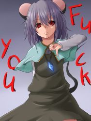 Rule 34 | 1girl, animal ears, capelet, english text, female focus, gesture, jewelry, long sleeves, mouse ears, mouse tail, nazrin, pendant, profanity, red eyes, remiria100, short hair, silver hair, solo, tail, touhou