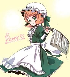 Rule 34 | 1girl, absurdres, apron, bad id, bad twitter id, commentary request, dress, english text, freckles, green dress, green eyes, hat, highres, maid, maid apron, maid cap, mob cap, mop, moromoimaru, orange hair, penny polendina, rwby, smile, solo