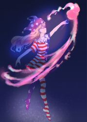 Rule 34 | 1girl, american flag legwear, blonde hair, closed eyes, closed mouth, clownpiece, colored eyelashes, dress, fire, from side, full body, hat, highres, holding, holding torch, ikatakosashi, jester cap, long hair, pantyhose, pink hat, polka dot, polka dot headwear, profile, short sleeves, smile, solo, star (symbol), star print, striped clothes, striped dress, striped pantyhose, torch, touhou