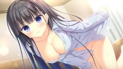 Rule 34 | 1girl, bare legs, black hair, blue eyes, blunt bangs, blush, bottomless, breasts, cleavage, closed mouth, collarbone, collared shirt, da capo iv, dress shirt, game cg, hand on lap, indoors, lens flare, long hair, long sleeves, looking at viewer, medium breasts, naked shirt, navel, partially unbuttoned, shirt, sleeves past wrists, smile, solo, straight hair, thigh gap, tokisaka nino, very long hair, white shirt, wing collar