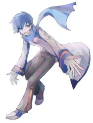 Rule 34 | 1boy, belt, binggwaryu, blue eyes, blue hair, blue nails, blue scarf, brown pants, coat, commentary, derivative work, full body, headset, highres, kaito (vocaloid), male focus, male hand, nail polish, open mouth, outstretched arms, pants, scarf, shoes, sideways glance, smile, sneakers, solo, vocaloid, vocaloid boxart pose, white background, white coat