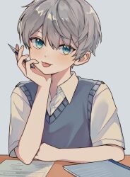 Rule 34 | 1boy, :d, blue eyes, blush, child, classroom, collared shirt, commentary request, desk, grey background, grey hair, hand on own cheek, hand on own face, hands on own face, highres, looking at viewer, male focus, open mouth, original, shirt, short hair, short sleeves, simple background, sitting, smile, solo, sweater vest, tongue, tongue out, upper body, usudumino