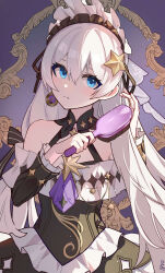 Rule 34 | 1girl, absurdres, ai dongdong, bare shoulders, black dress, black ribbon, blue eyes, blush, bonnet, brushing hair, closed mouth, dot nose, dress, earrings, frown, hair between eyes, hair brush, hair ornament, hair ribbon, highres, holding, holding hair, holding hair brush, honkai (series), honkai impact 3rd, jewelry, long hair, long sleeves, looking at viewer, mirror, off-shoulder dress, off shoulder, purple background, raised eyebrows, ribbon, simple background, solo, star (symbol), star hair ornament, straight-on, straight hair, theresa apocalypse, upper body, white hair, white headwear