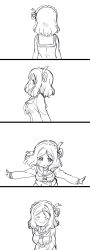 Rule 34 | 1girl, 4koma, :3, :d, ^ ^, arms at sides, arms behind back, ascot, blush, braid, closed eyes, closed mouth, comic, crown braid, dot nose, closed eyes, facing away, facing viewer, from side, greyscale, hair rings, highres, long sleeves, looking at viewer, looking back, love live!, love live! sunshine!!, medium hair, mezashi (mezamashi set), monochrome, ohara mari, open mouth, outstretched arms, profile, sailor collar, school uniform, serafuku, silent comic, simple background, smile, solo, spread arms, tareme, upper body, uranohoshi school uniform, wavy hair, white background
