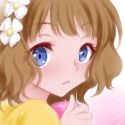 Rule 34 | 1girl, blue eyes, blush, brown hair, child, close-up, commentary request, dress, flower, hair flower, hair ornament, hand up, holding, idolmaster, idolmaster million live!, kouno tooru (stoneandrose123), looking at viewer, parted lips, sidelocks, solo, suou momoko, wavy hair, white background, yellow dress
