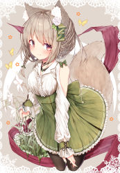 Rule 34 | 1girl, absurdres, animal, animal ear fluff, animal ears, black choker, black pantyhose, blush, border, bow, braid, brown hair, bug, butterfly, center frills, choker, closed mouth, clothing cutout, collarbone, collared shirt, commentary, dress shirt, fingernails, flower, flower wreath, frilled skirt, frills, full body, green bow, green nails, green skirt, grey background, hair between eyes, hair flower, hair ornament, hair ribbon, highres, holding, holding wreath, insect, kneeling, lace, lace border, long fingernails, long sleeves, mayogii, nail polish, original, ornate border, pantyhose, puffy long sleeves, puffy sleeves, red eyes, ribbon, shirt, shoulder cutout, skirt, sleeves past wrists, solo, symbol-only commentary, tail, tail raised, white flower, white shirt