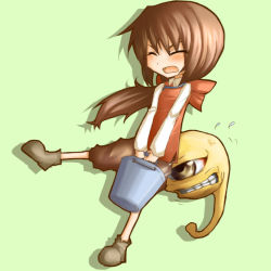 Rule 34 | 1990s (style), 1girl, blush, boots, brown eyes, brown hair, bucket, clenched teeth, closed eyes, cyclops, hair ribbon, holly (monster farm), long hair, monster farm, one-eyed, open mouth, ponytail, retro artstyle, ribbon, shorts, simple background, sonoyama moru, suezo, sweatdrop, teeth
