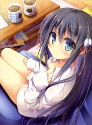 Rule 34 | 1girl, absurdres, black hair, blush, breasts, brown eyes, collarbone, cup, dress shirt, hair ornament, highres, legs, long hair, looking at viewer, looking back, magazine (object), mug, naked shirt, nozomi tsubame, open clothes, open shirt, purple eyes, purple hair, shiny skin, shirt, sitting, small breasts, smile, solo, source request, sweat, table, very long hair