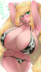 Rule 34 | 1girl, armpits, arms behind head, blonde hair, breasts, cleavage, creatures (company), curvy, game freak, green eyes, huge breasts, long hair, looking at viewer, lusamine (pokemon), nintendo, pokemon, pokemon sm, solo, sumisumii, thick thighs, thighs, underboob