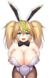Rule 34 | 1girl, absurdres, animal ears, aqua eyes, asamura hiori, blonde hair, bow, bowtie, breasts, cleavage, cowboy shot, detached collar, fake animal ears, fang, fishnet pantyhose, fishnets, gene (pso2), green hair, hair between eyes, highres, huge breasts, leotard, long hair, looking at viewer, multicolored hair, pantyhose, phantasy star, phantasy star online 2, playboy bunny, rabbit ears, smile, solo, strapless, strapless leotard, streaked hair, twintails, two-tone hair, wrist cuffs