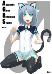 Rule 34 | 1boy, animal ears, blue eyes, blue hair, cat boy, cat ears, cat tail, happy, ippo, male focus, matching hair/eyes, os-tan, solo, tail, thighhighs, trap