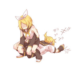 Rule 34 | 1boy, 1girl, black sailor collar, black shorts, black sleeves, blonde hair, bow, commentary, detached sleeves, faceless, faceless female, frown, fumiharu, hair bow, headphones, kagamine len, kagamine rin, leg warmers, lying, neckerchief, no eyes, on stomach, own hands together, pose request, restrained, sailor collar, school uniform, shaded face, shirt, short hair, short ponytail, short shorts, short sleeves, shorts, sleeveless, sleeveless shirt, squatting, swept bangs, translated, vocaloid, white bow, white shirt, yellow neckerchief