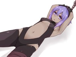 Rule 34 | 1girl, armpits, bdsm, bodysuit, breasts, chain, dark skin, dark-skinned female, fate/grand order, fate/prototype, fate/prototype: fragments of blue and silver, fate (series), hassan of serenity (fate), i.u.y, leotard, navel, purple eyes, purple hair, restrained, short hair, sideboob, small breasts, solo, underboob, white background