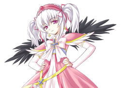 Rule 34 | 00s, 1girl, alternate costume, alternate hairstyle, arm warmers, armor, black wings, bow, cross, detached sleeves, dress, earrings, hair between eyes, hairband, hands on own hips, inverted cross, jewelry, latin cross, lolita hairband, long sleeves, looking at viewer, pink dress, pink eyes, rozen maiden, shoulder pads, silver hair, simple background, solo, suigintou, twintails, two side up, white background, wings