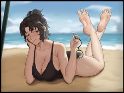 Rule 34 | 1girl, ana xenakis, barefoot, beach, black eyes, black hair, breasts, cleavage, feet, glasses, grief (series), highres, large breasts, light blush, long hair, looking at viewer, lying, on stomach, one-piece swimsuit, pazixia, smile, soles, solo, swimsuit, the pose, toes